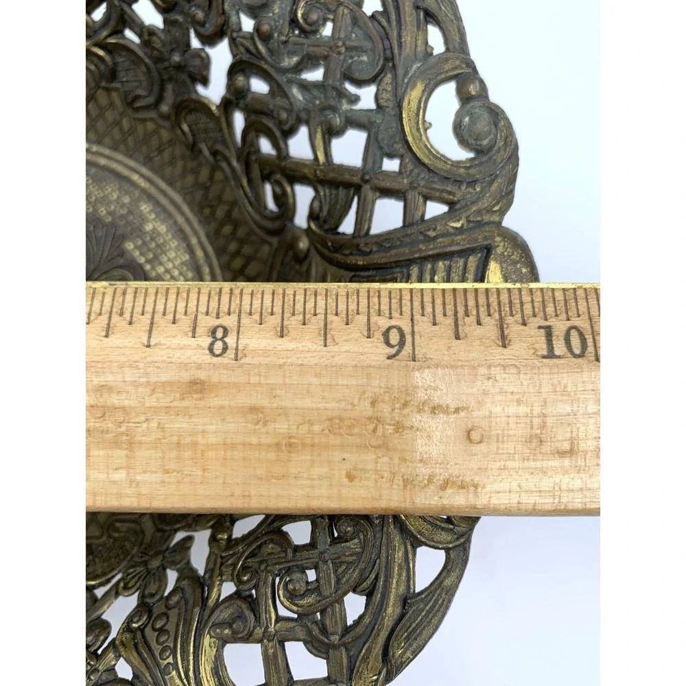Brass Patina Ornate Reticulated Oval 2pc Basket Base Potmetal Italy CT7 Vtg 60s
